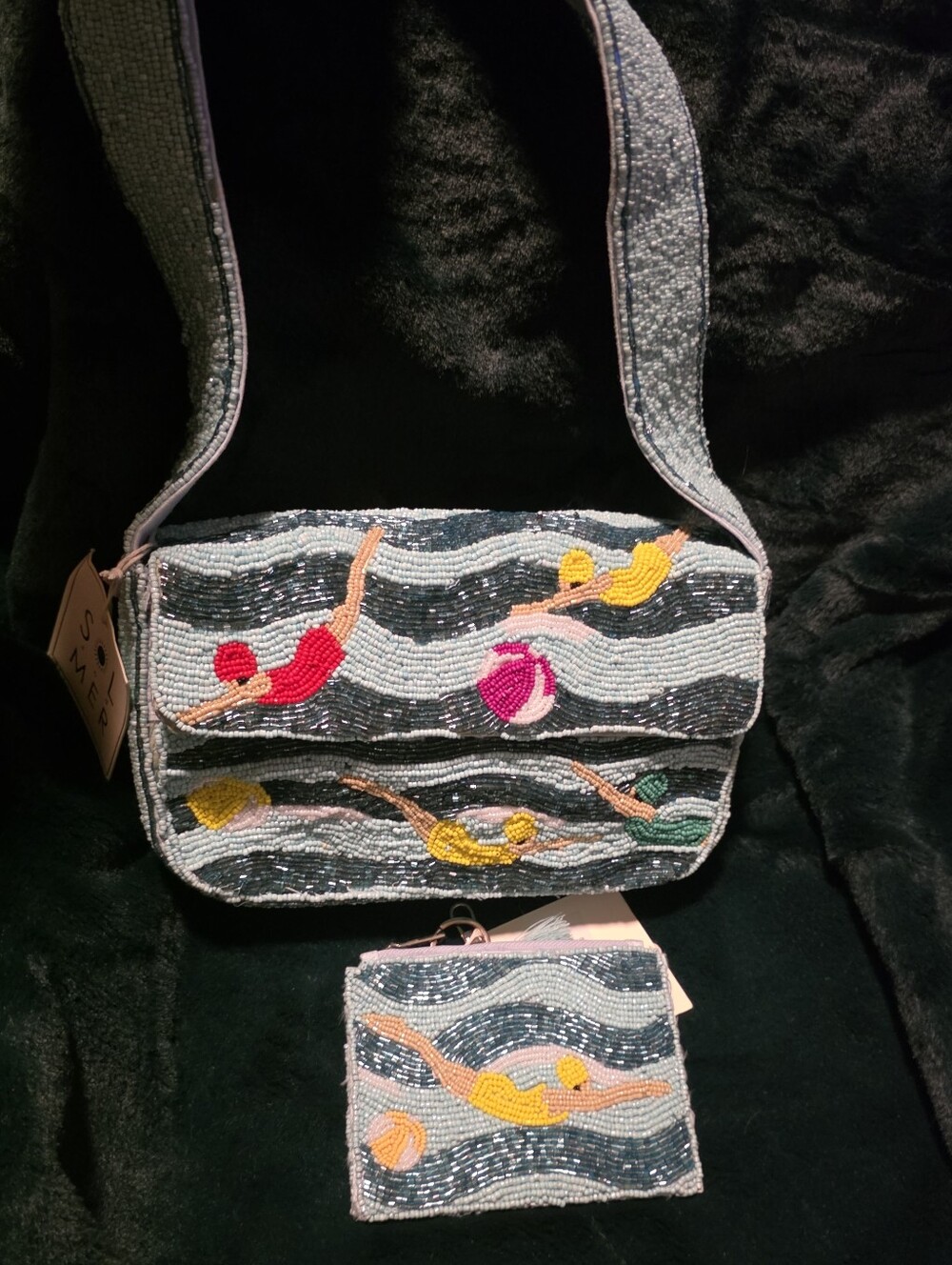 Playful Beaded Swimmers Shoulder Bag in Multi-Color W/Matching Coin Purse Set.